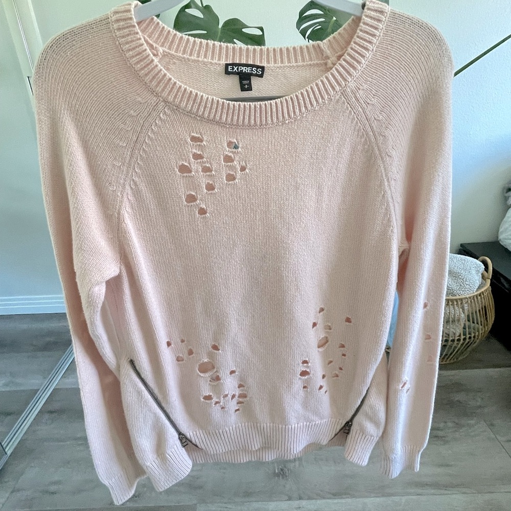 Express Pink Distressed Sweater with Side Zipper